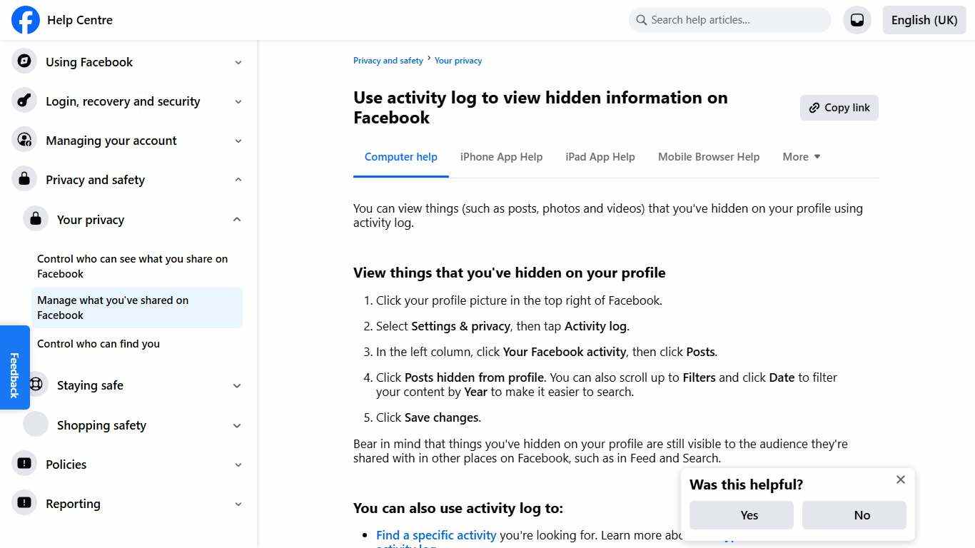 Use activity log to view hidden information on Facebook Facebook Help Centre